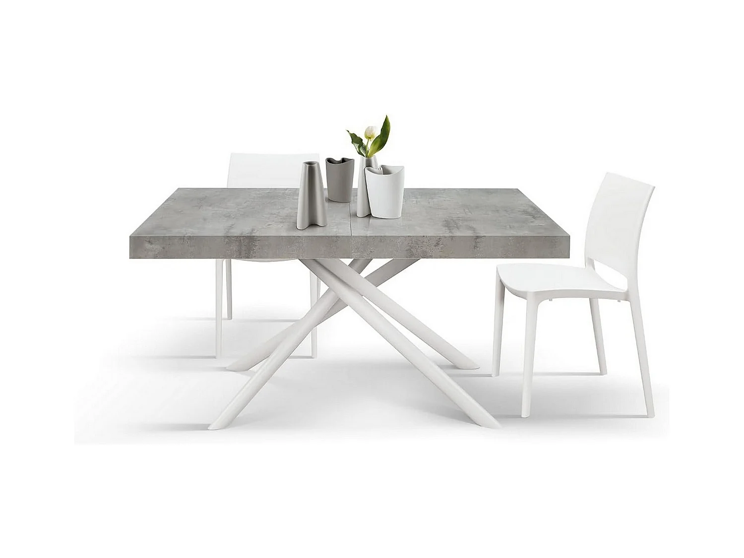 Holztisch, betongrau, weißes Gestell, Länge 140x90-220x90cm - CARRARA