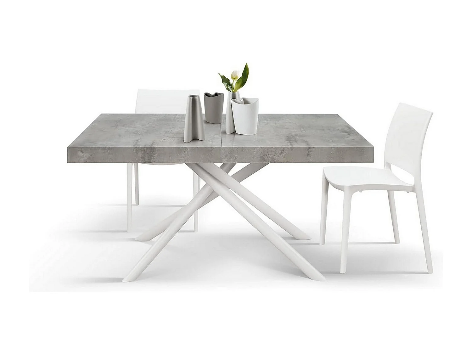 Table en bois, gris ciment, base blanche, longueur 140x90-220x90cm - CARRARA