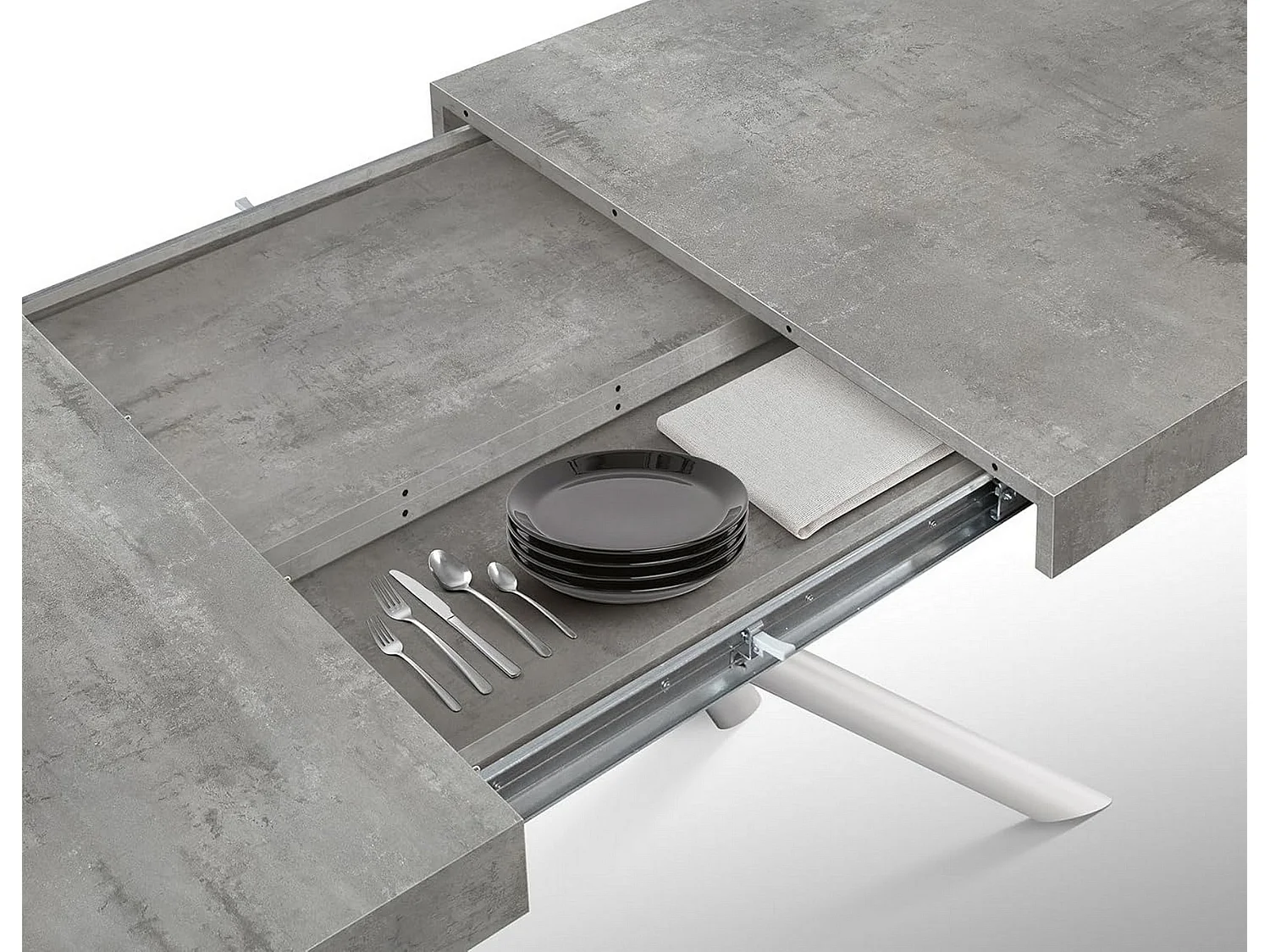 Table en bois, gris ciment, base blanche, longueur 140x90-220x90cm - CARRARA