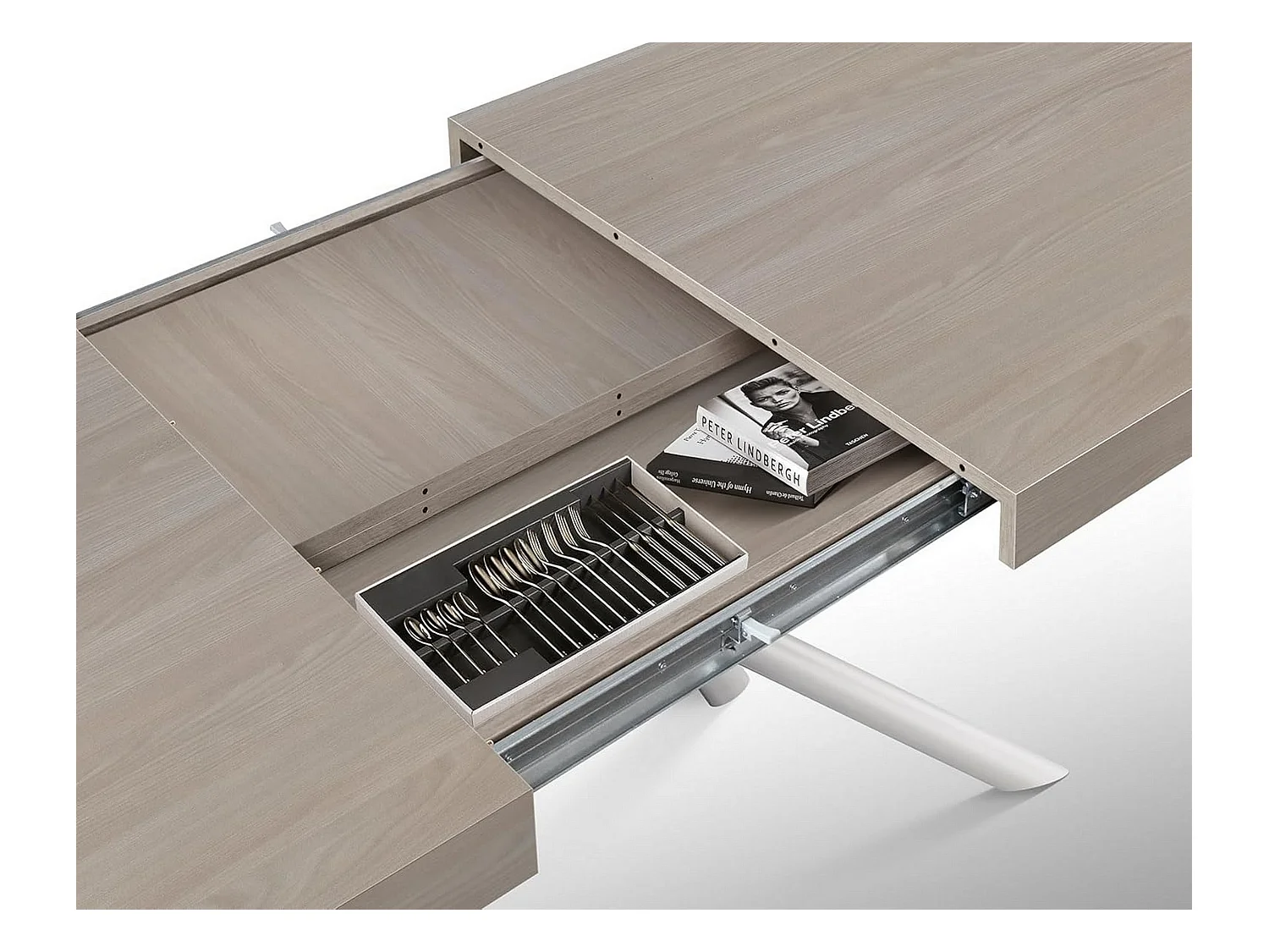 Mesa de madeira, olmo pérola, base branca, ext.140x90-220x90cm - CARRARA