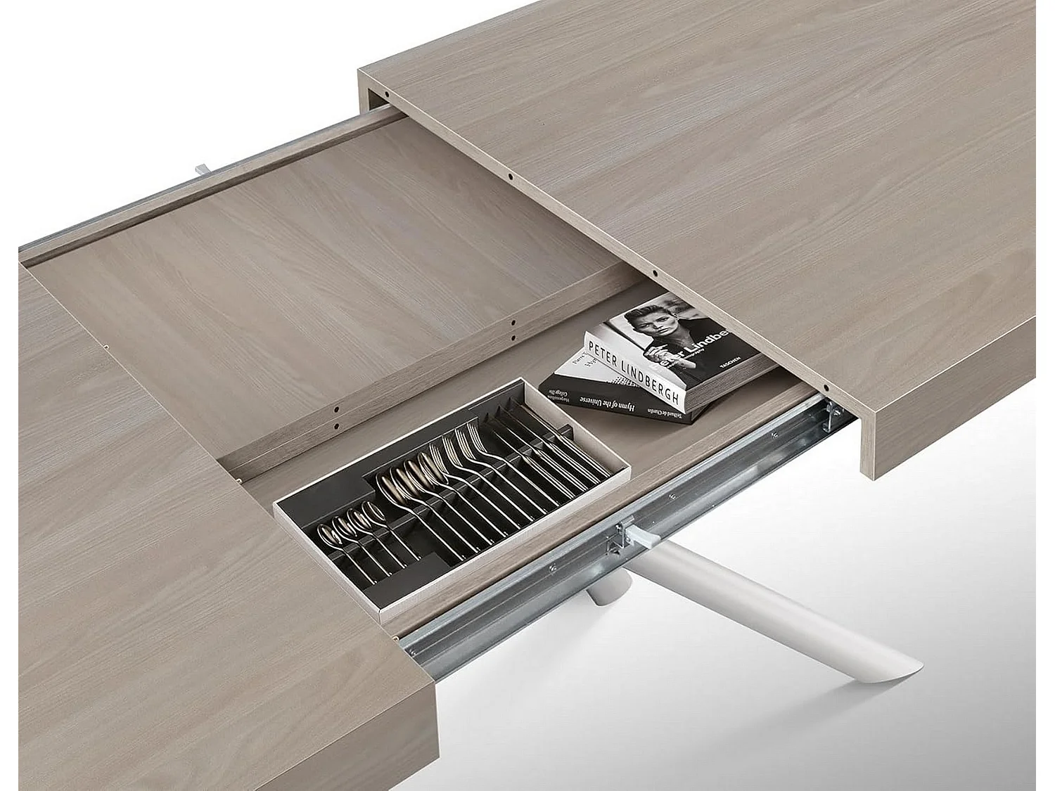 Table en bois, orme perlé, base blanche, ext.140x90-220x90cm - CARRARA