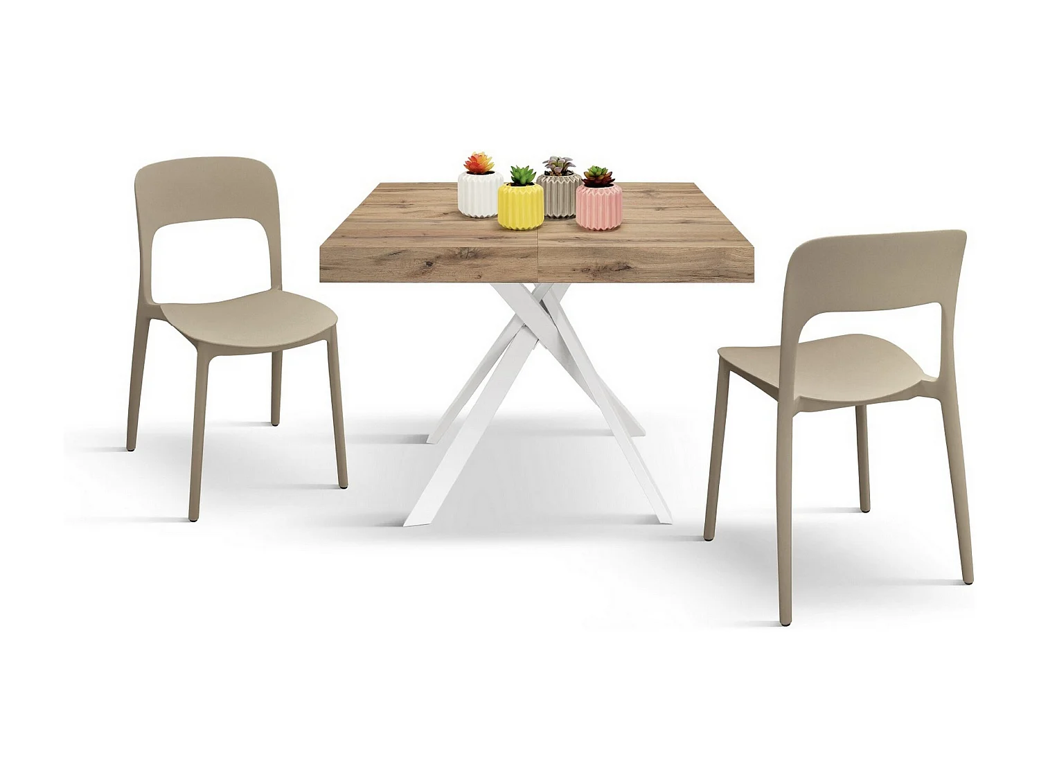 Tavolo legno rovere rustico, gambe metallo bianco 95x90-145x90cm - FORTE DEI MARMI