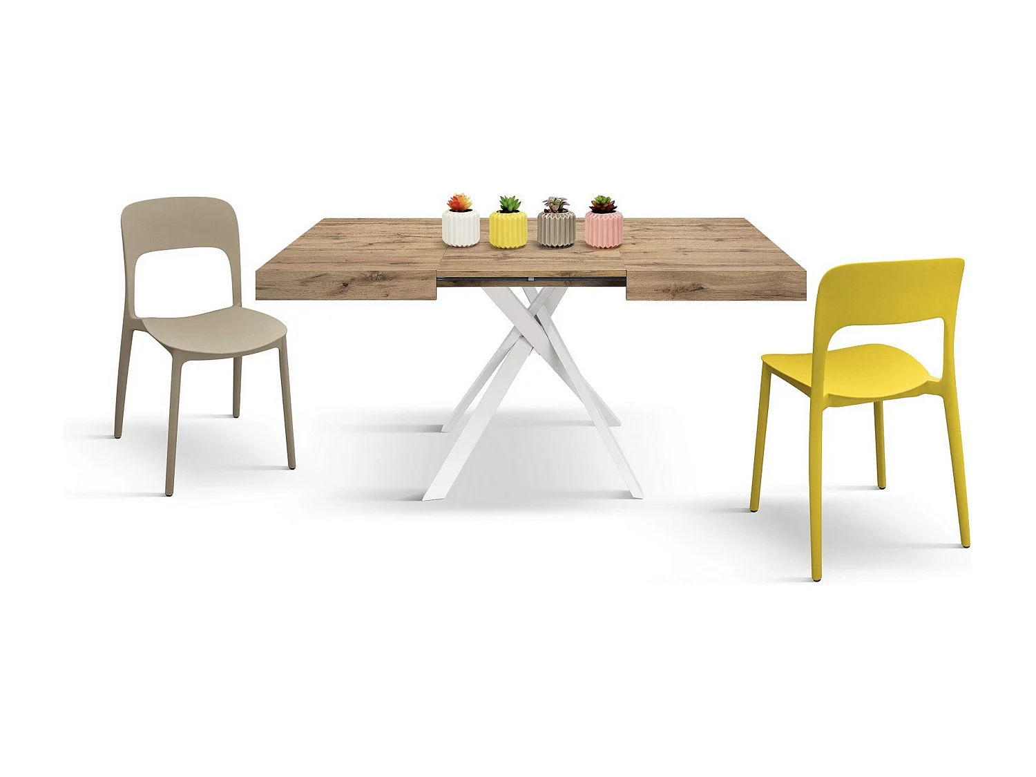 Tavolo legno rovere rustico, gambe metallo bianco 95x90-145x90cm - FORTE DEI MARMI