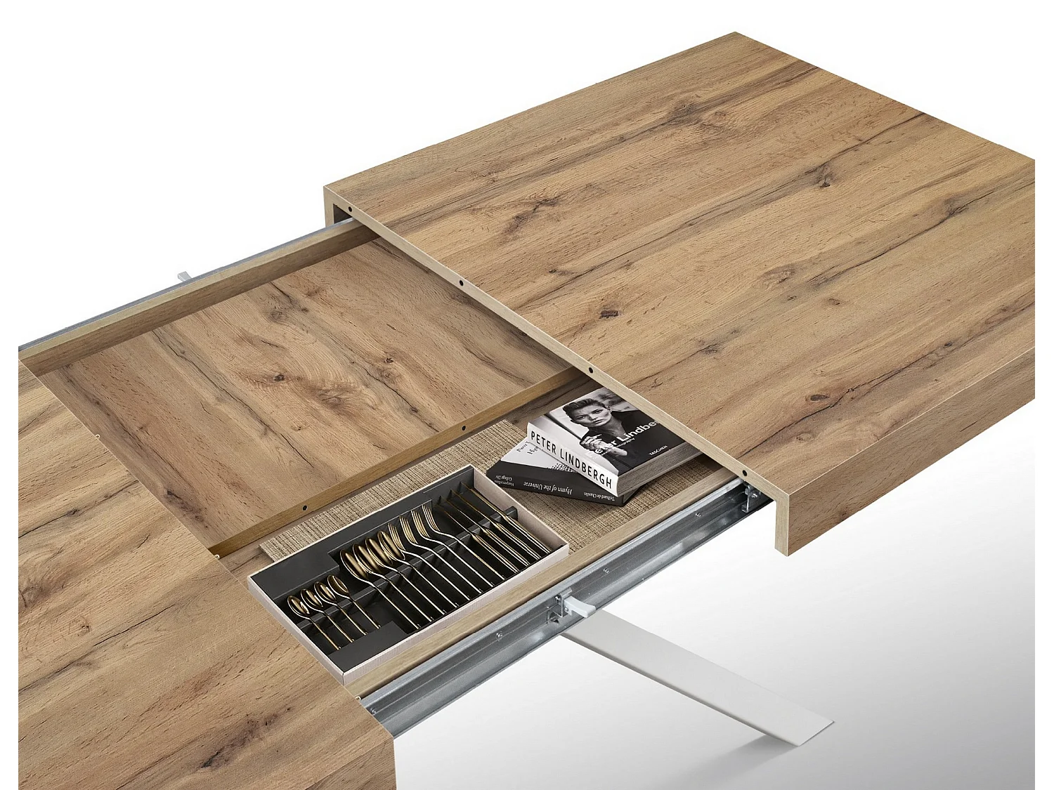 Tavolo legno rovere rustico, gambe metallo bianco 95x90-145x90cm - FORTE DEI MARMI