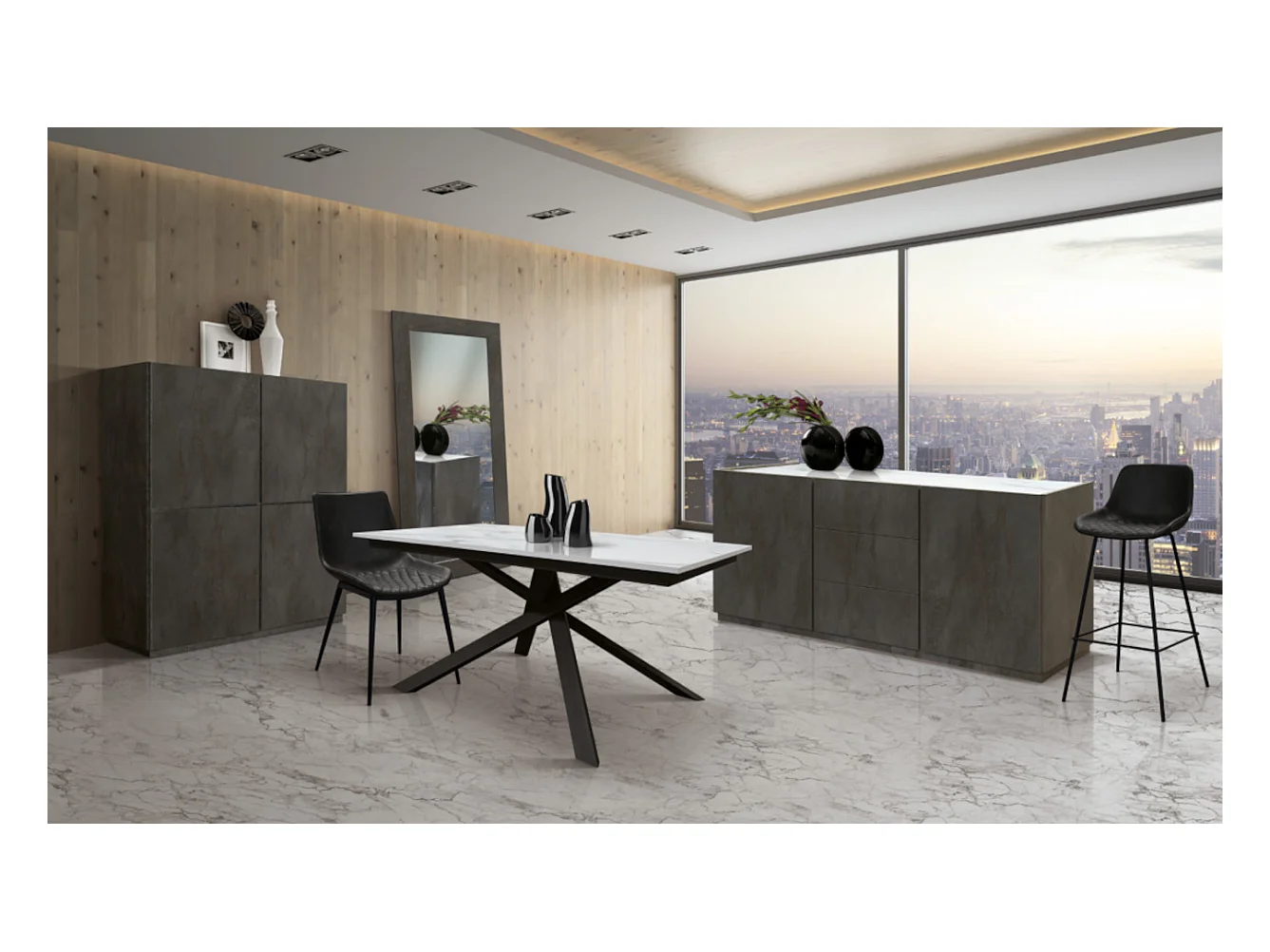 Table en bois, finition marbre blanc, piètement noir, extensible 140x80 - VOLPAIA