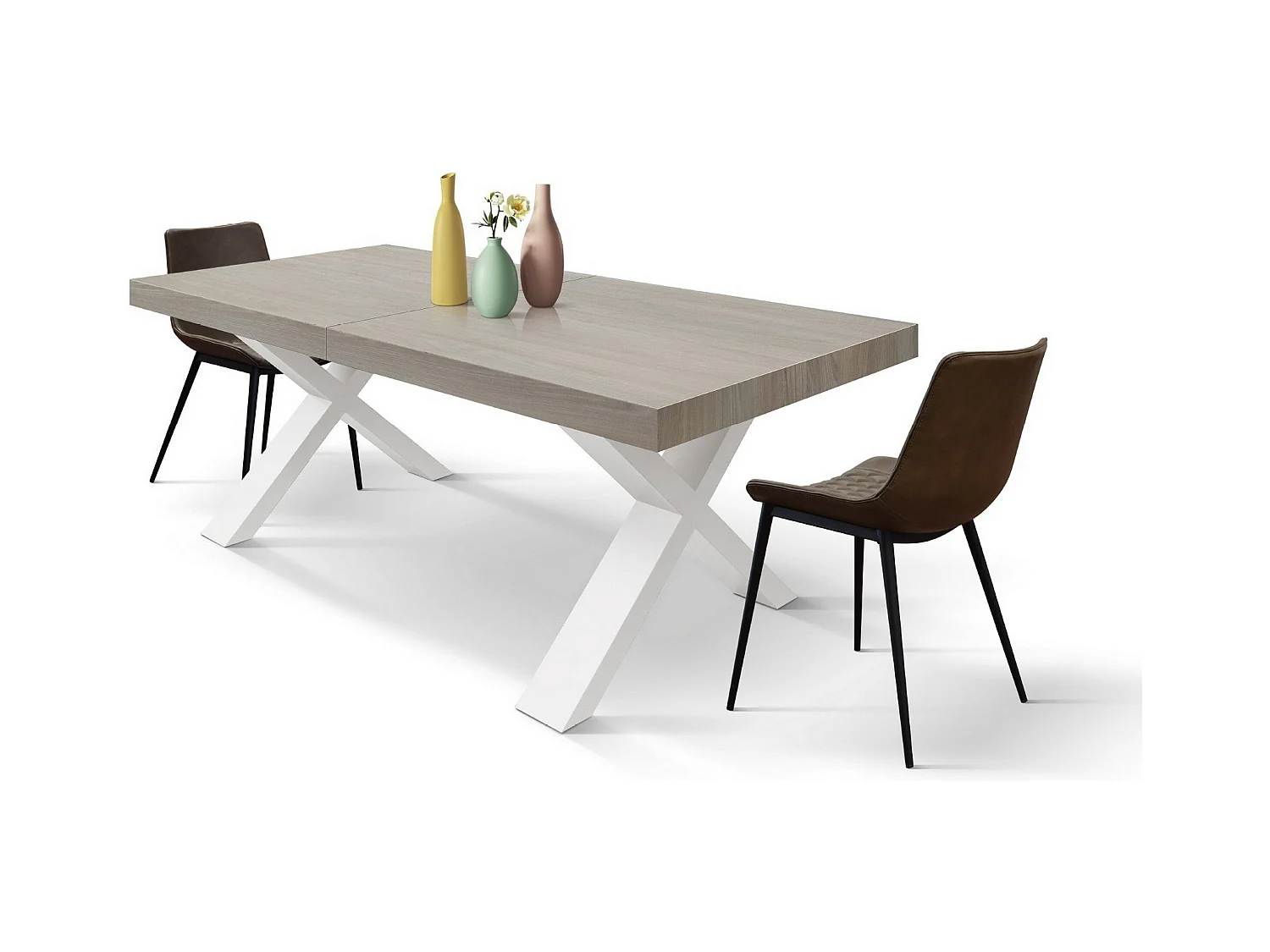 Table en orme nacré, pieds X blancs, 160x90-240x90cm - AMALFI
