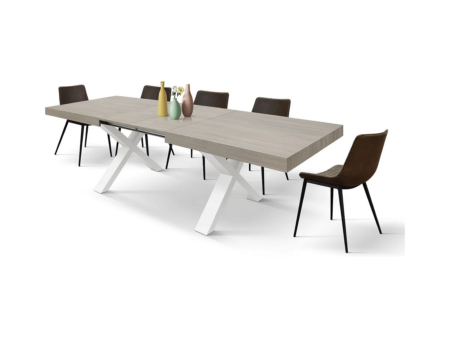 Table en orme nacré, pieds X blancs, 160x90-240x90cm - AMALFI