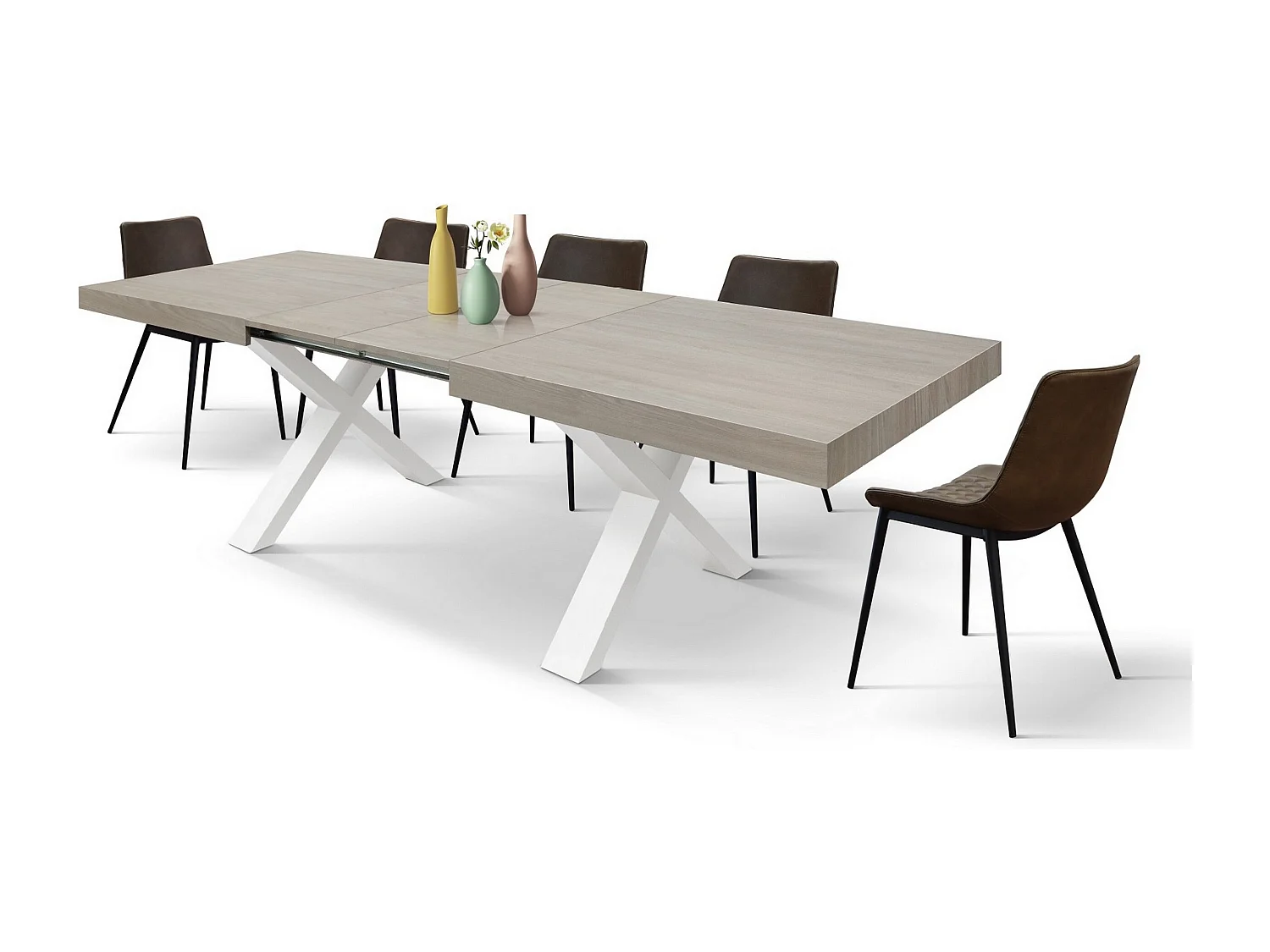 Table en orme nacré, pieds X blancs, 160x90-240x90cm - AMALFI