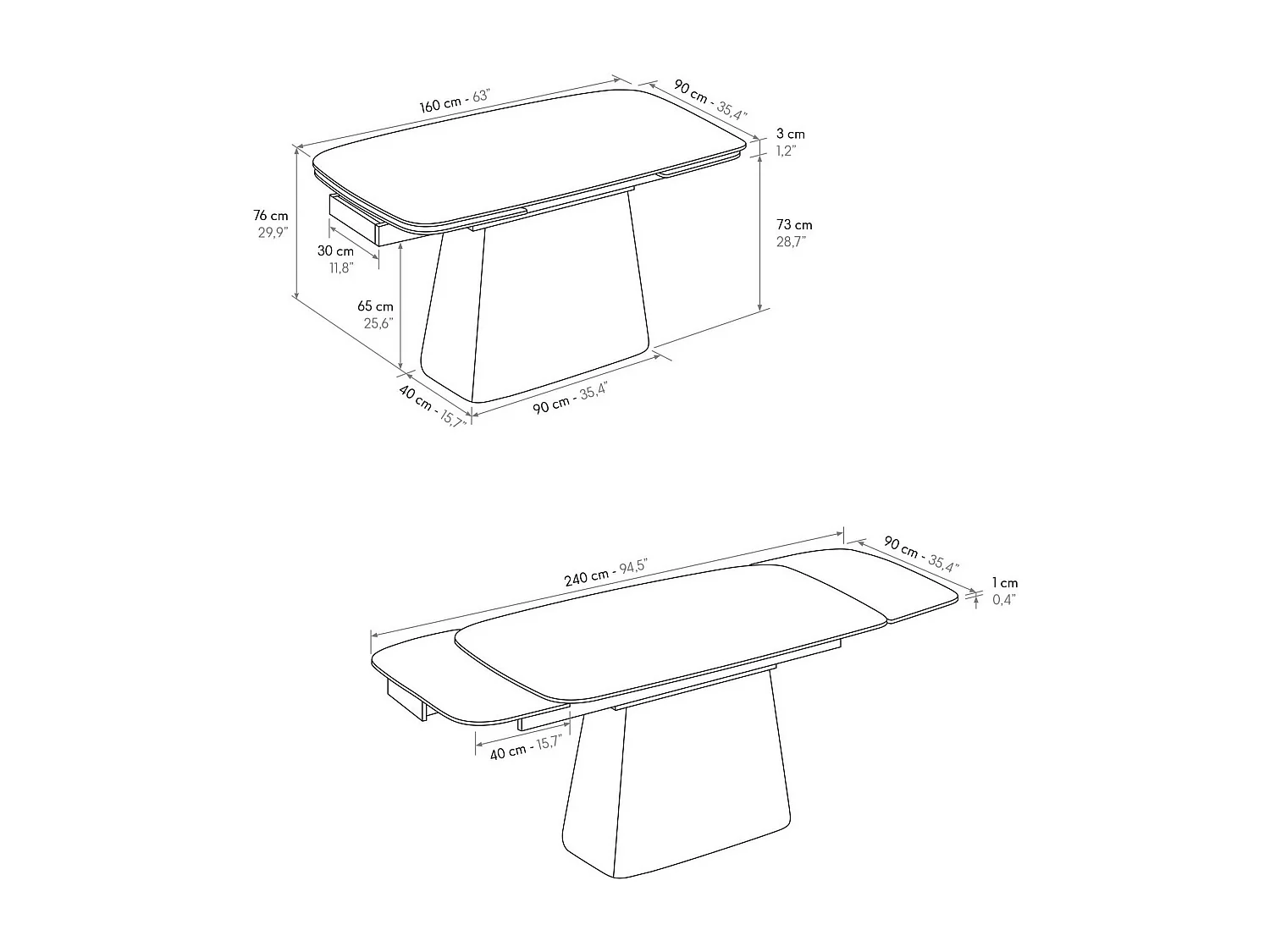 Table en vitrocéramique effet marbre, extensible 160×90-240×90 - MALTE
