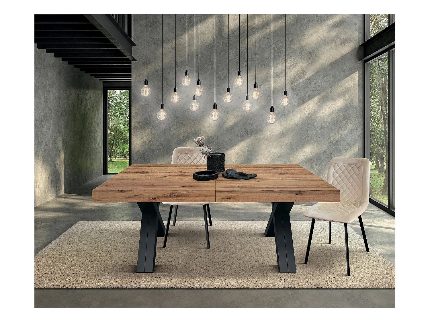 Rustikaler Eichenholztisch, anthrazitfarbenes Holz X-Beine 180x90-480x90cm - GALLIPOLI