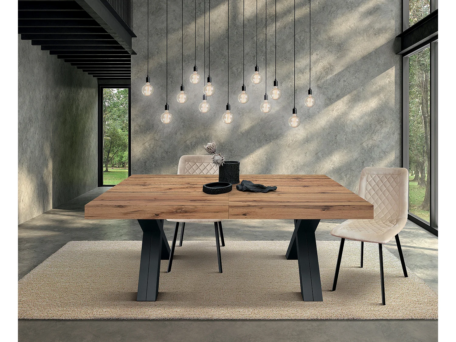 Table rustique en bois de chêne, bois anthracite Pieds en X 180x90-480x90cm - GALLIPOLI