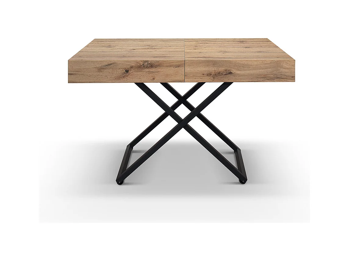 Mesa de centro de madeira com acabamento em carvalho rústico, base preta, convertível 120x80 - CAMOGLI