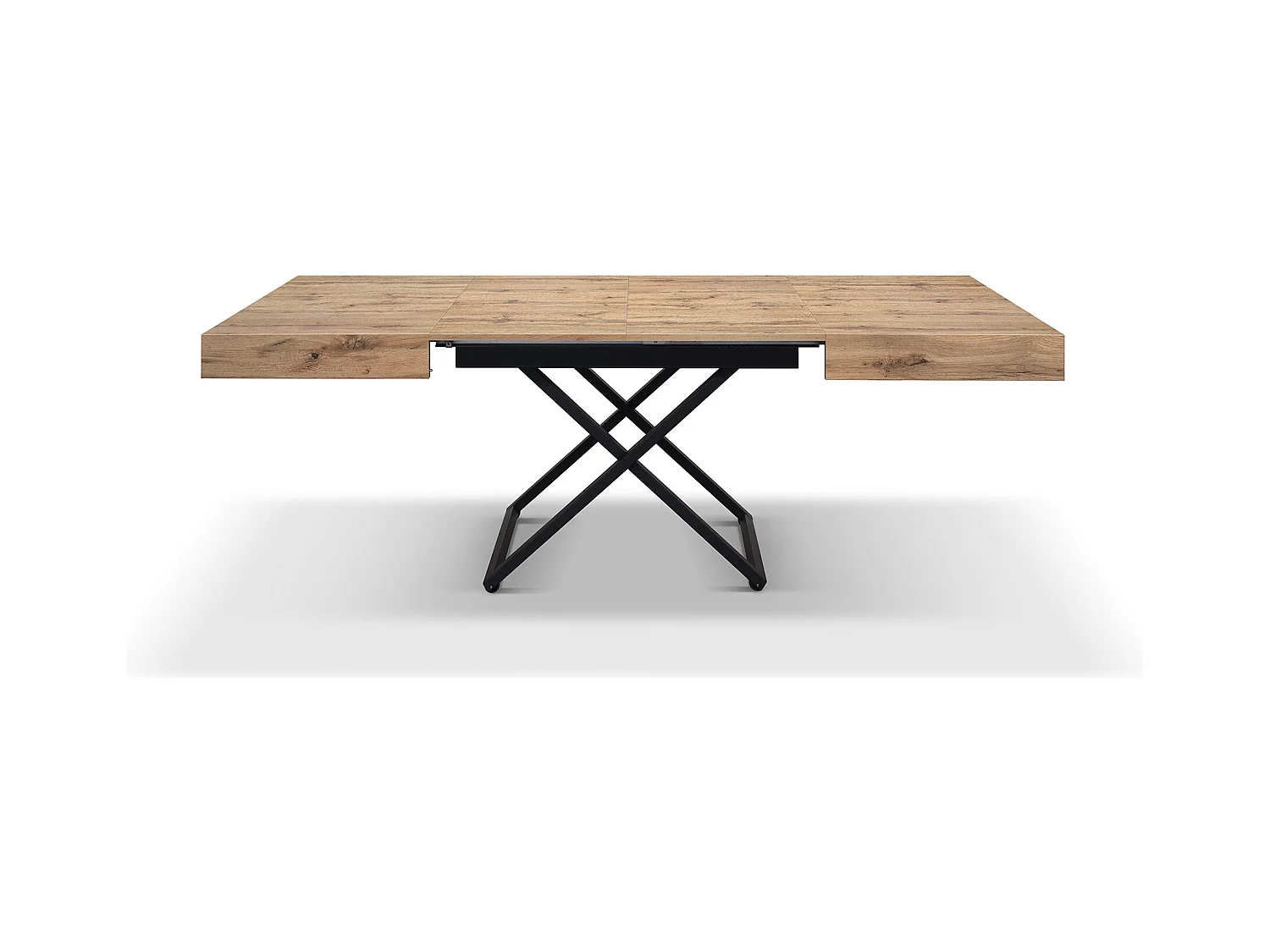 Mesa de centro de madeira com acabamento em carvalho rústico, base preta, convertível 120x80 - CAMOGLI