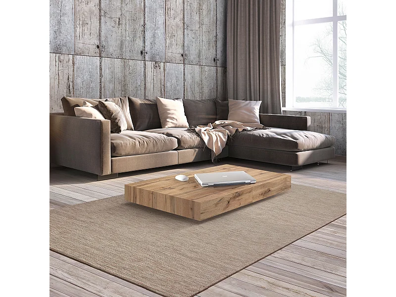 Rustikaler Couchtisch aus Eichenholz, schwarzer Sockel, umbaubar 120x80 - CAMOGLI