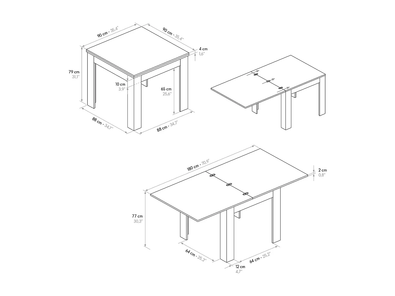 Table en orme perlé, rallonge pliante 90×90 cm - 180×90 cm - LIPARI