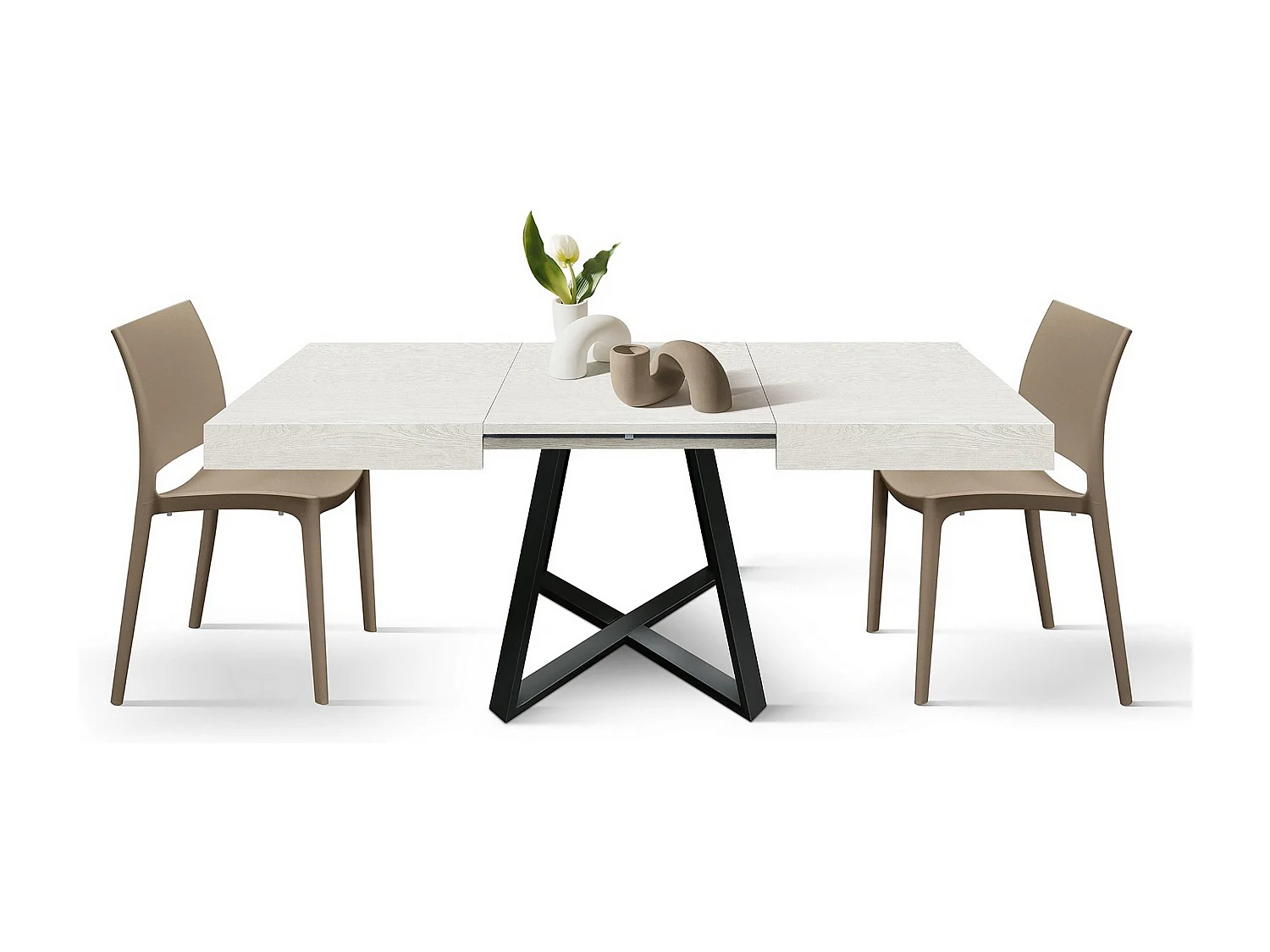 Tavolo legno,bianco frassinato,base antracite, allung. 95x90-145x90cm - FORTE DEI MARMI