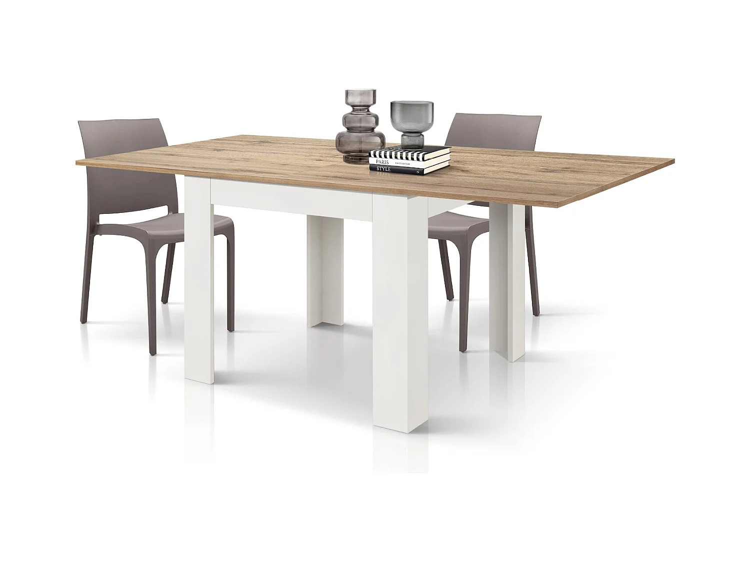Table en bois finition chêne, base blanche extensible 90×90-180×90cm - LIPARI