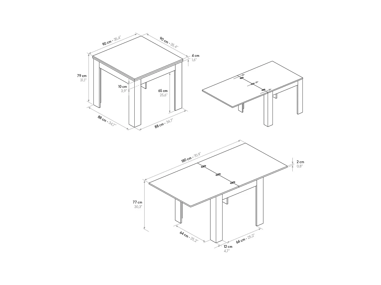 Table en bois finition chêne, base blanche extensible 90×90-180×90cm - LIPARI