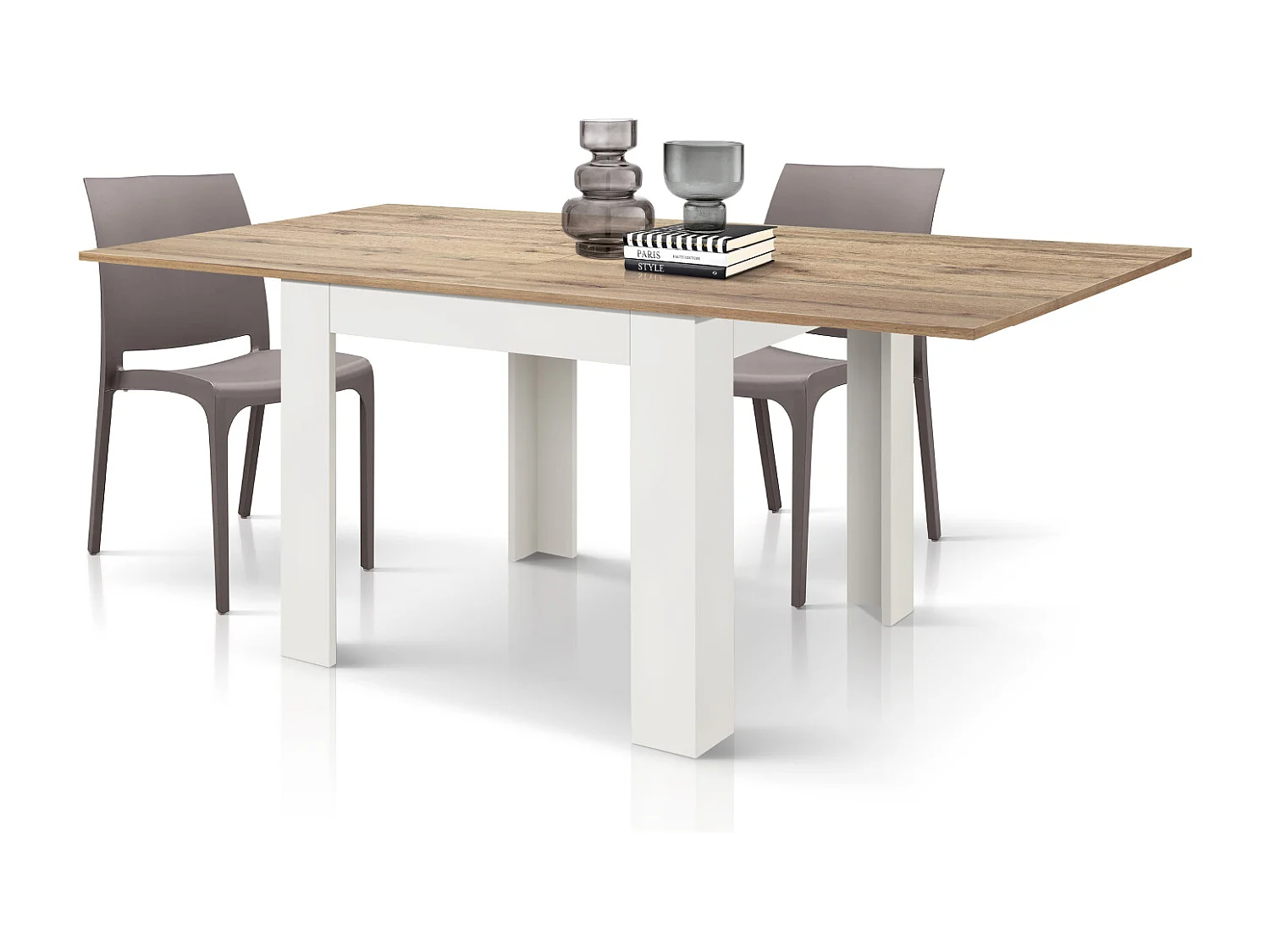 Mesa de madeira com acabamento em carvalho, base extensível branca 90×90-180×90cm - LIPARI