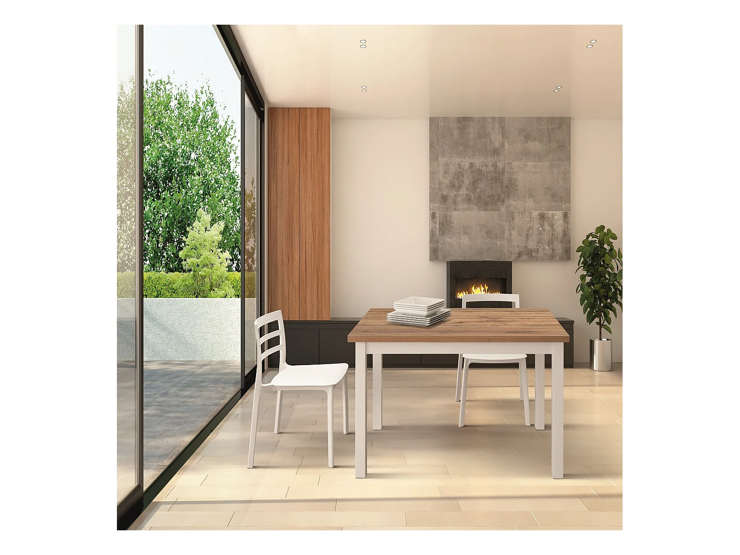 Holztisch in Eiche-Optik, weiße Beine, Verlängerung 110x70cm-190x70cm - POSITANO