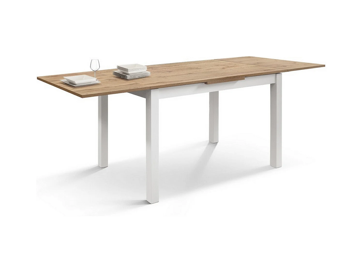 Holztisch in Eiche-Optik, weiße Beine, Verlängerung 110x70cm-190x70cm - POSITANO