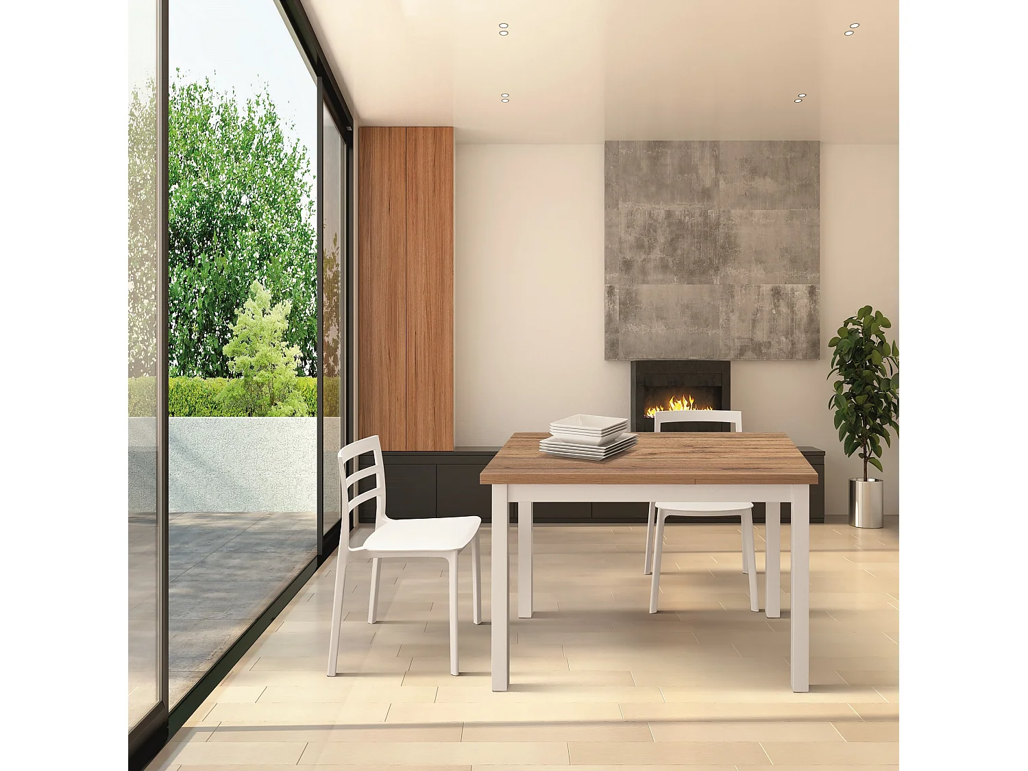 Table en bois effet chêne, pieds blancs, rallonge 110x70cm-190x70cm - POSITANO