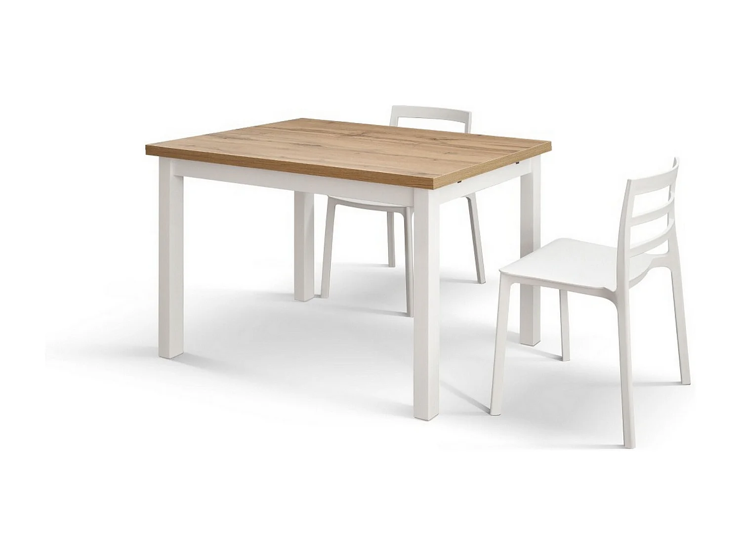 Table en bois effet chêne, pieds blancs, rallonge 110x70cm-190x70cm - POSITANO