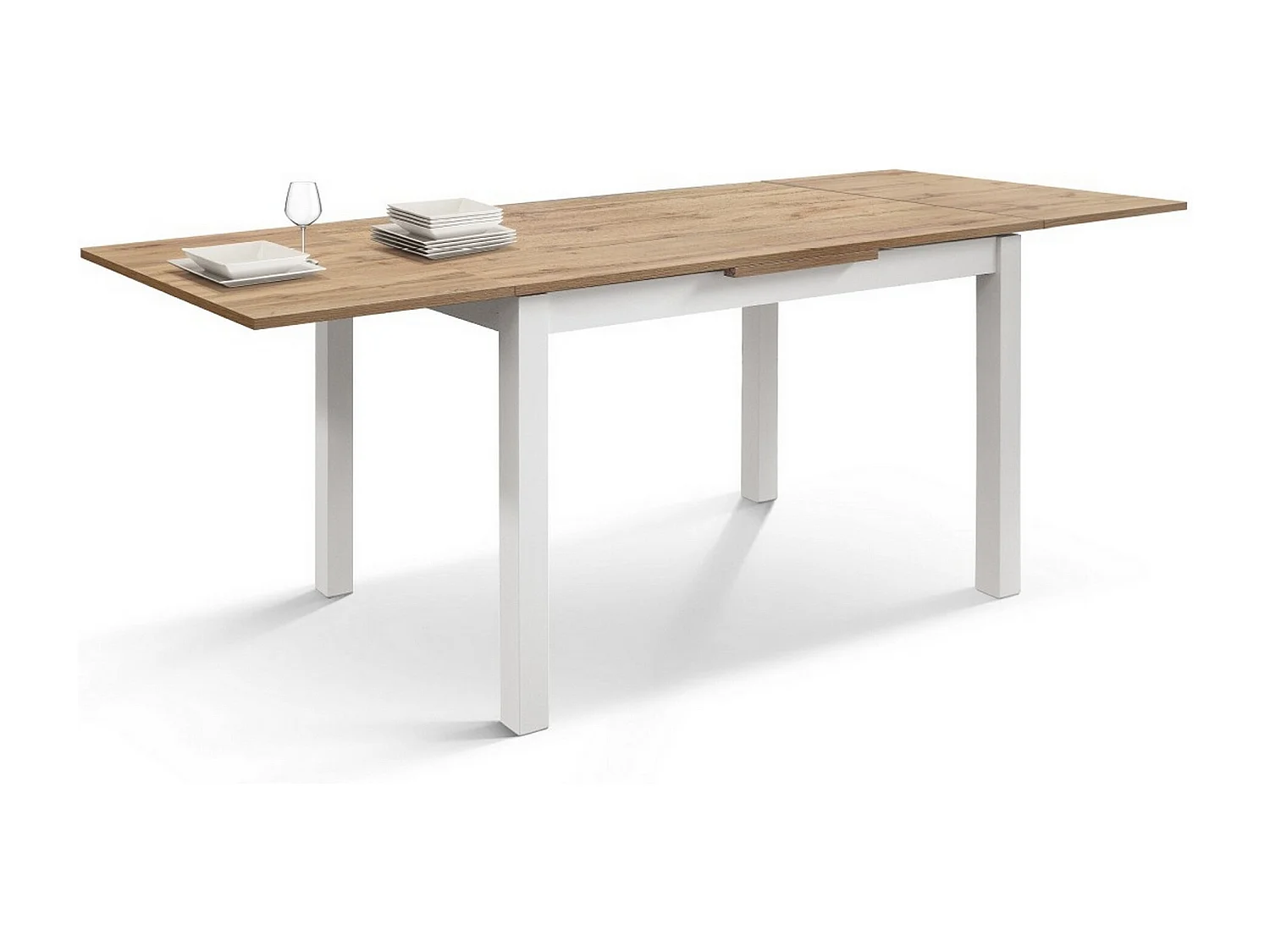 Table en bois effet chêne, pieds blancs, rallonge 110x70cm-190x70cm - POSITANO