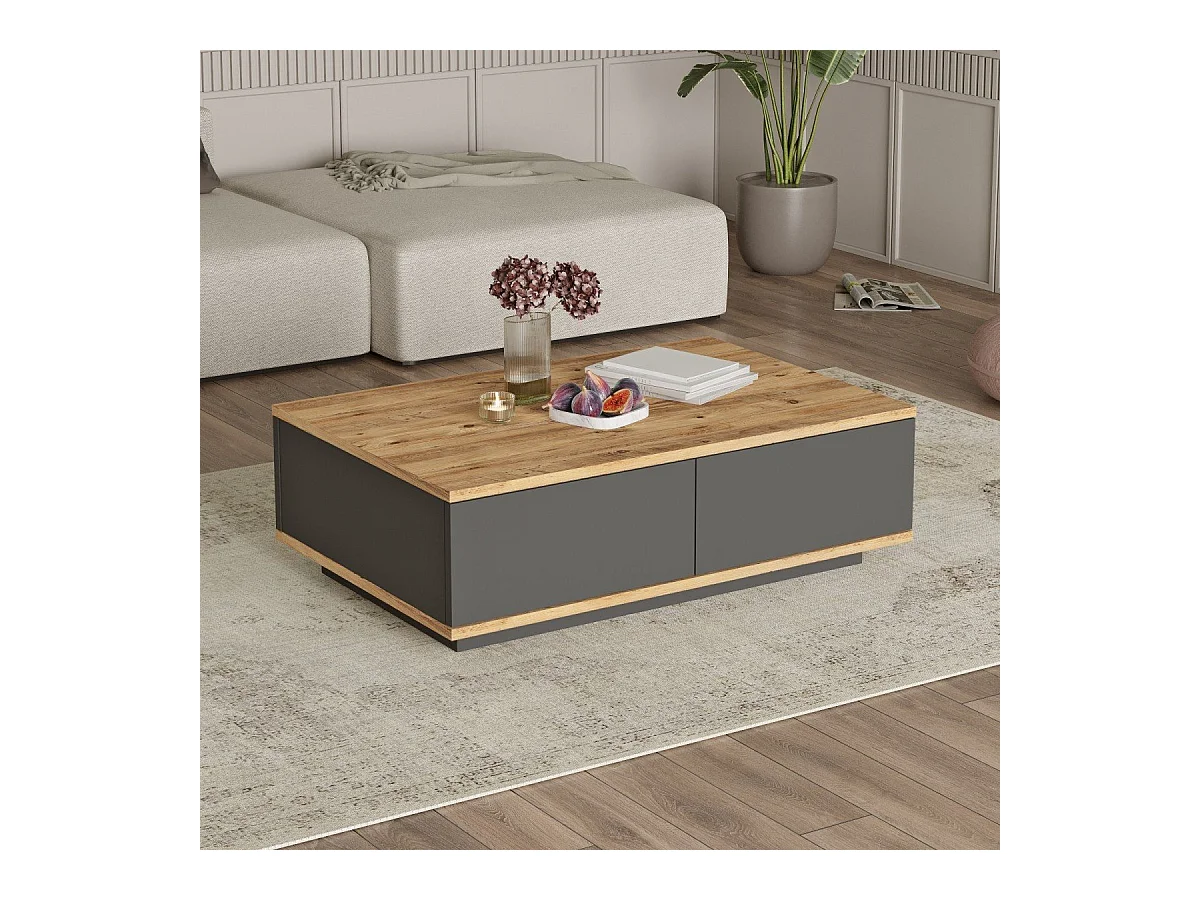 Table basse avec 2 portes rabattables décor pin et gris anthracite L90 cm