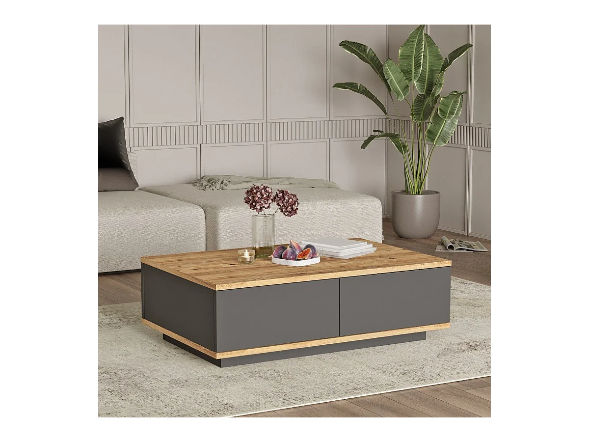 Couchtisch mit 2 Klapptüren in Kiefer-Dekor und Anthrazitgrau L90 cm