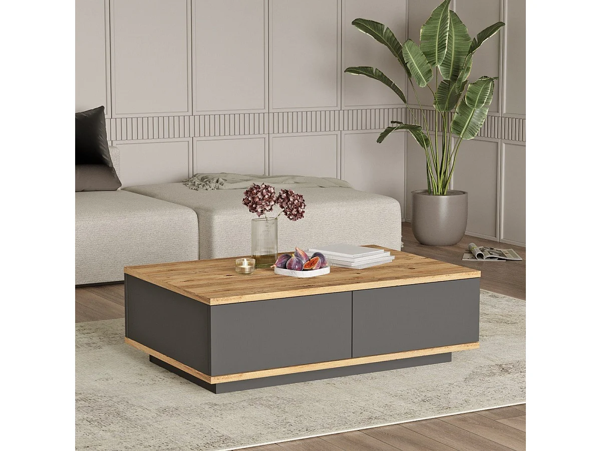 Table basse avec 2 portes rabattables décor pin et gris anthracite L90 cm