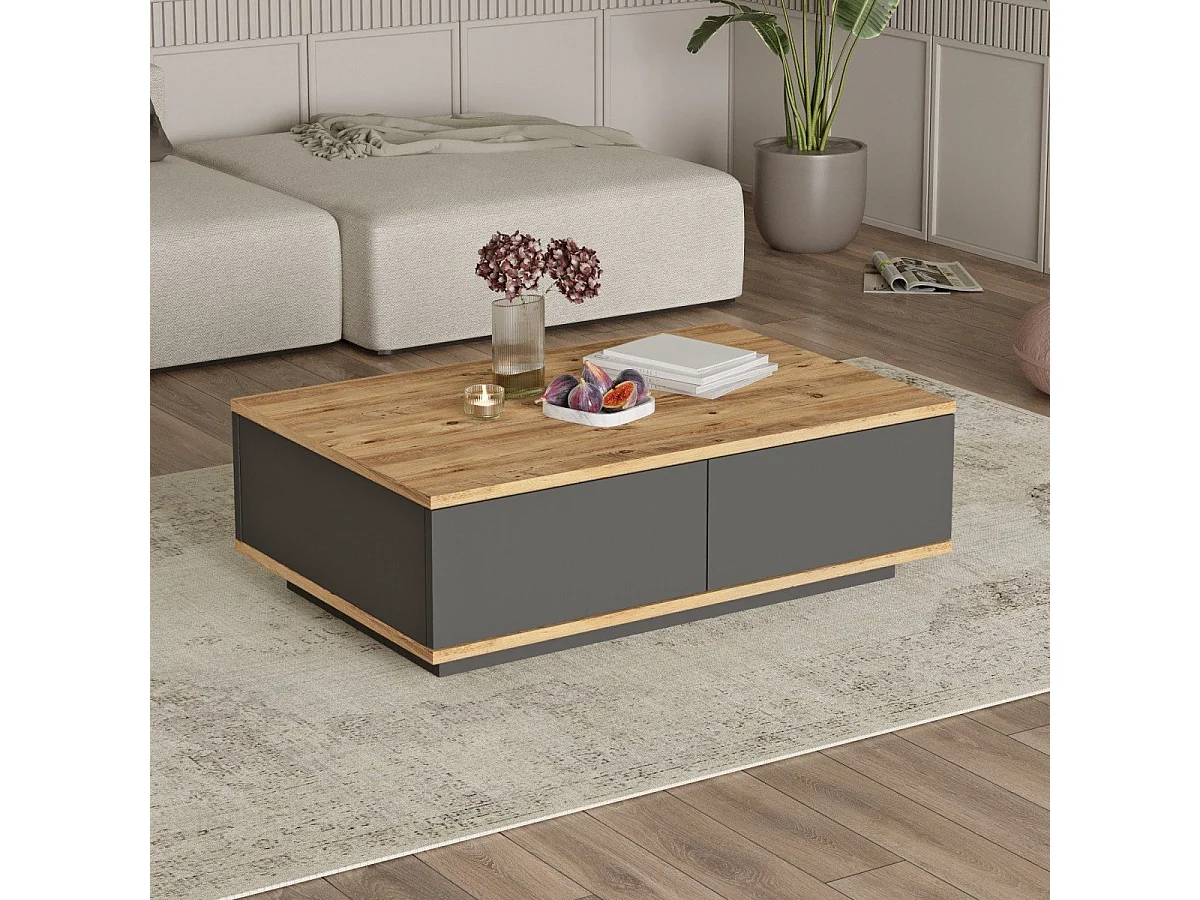 Table basse avec 2 portes rabattables décor pin et gris anthracite L90 cm