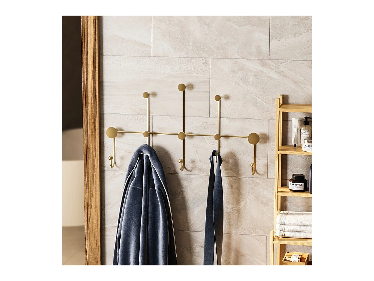 Porte manteaux mural 8 patères en métal doré H45cm - IYON