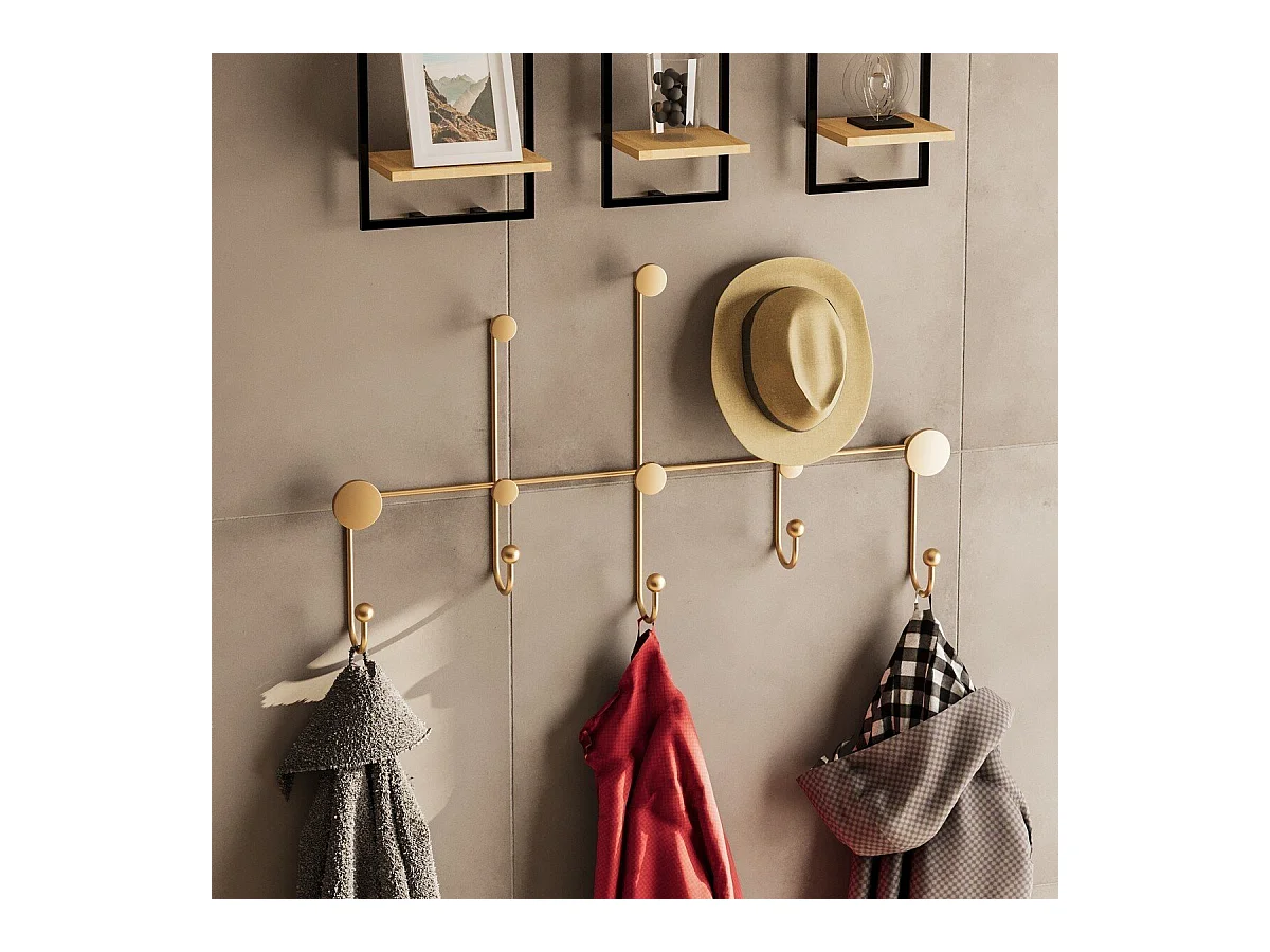 Porte manteaux mural 8 patères en métal doré H45cm - IYON