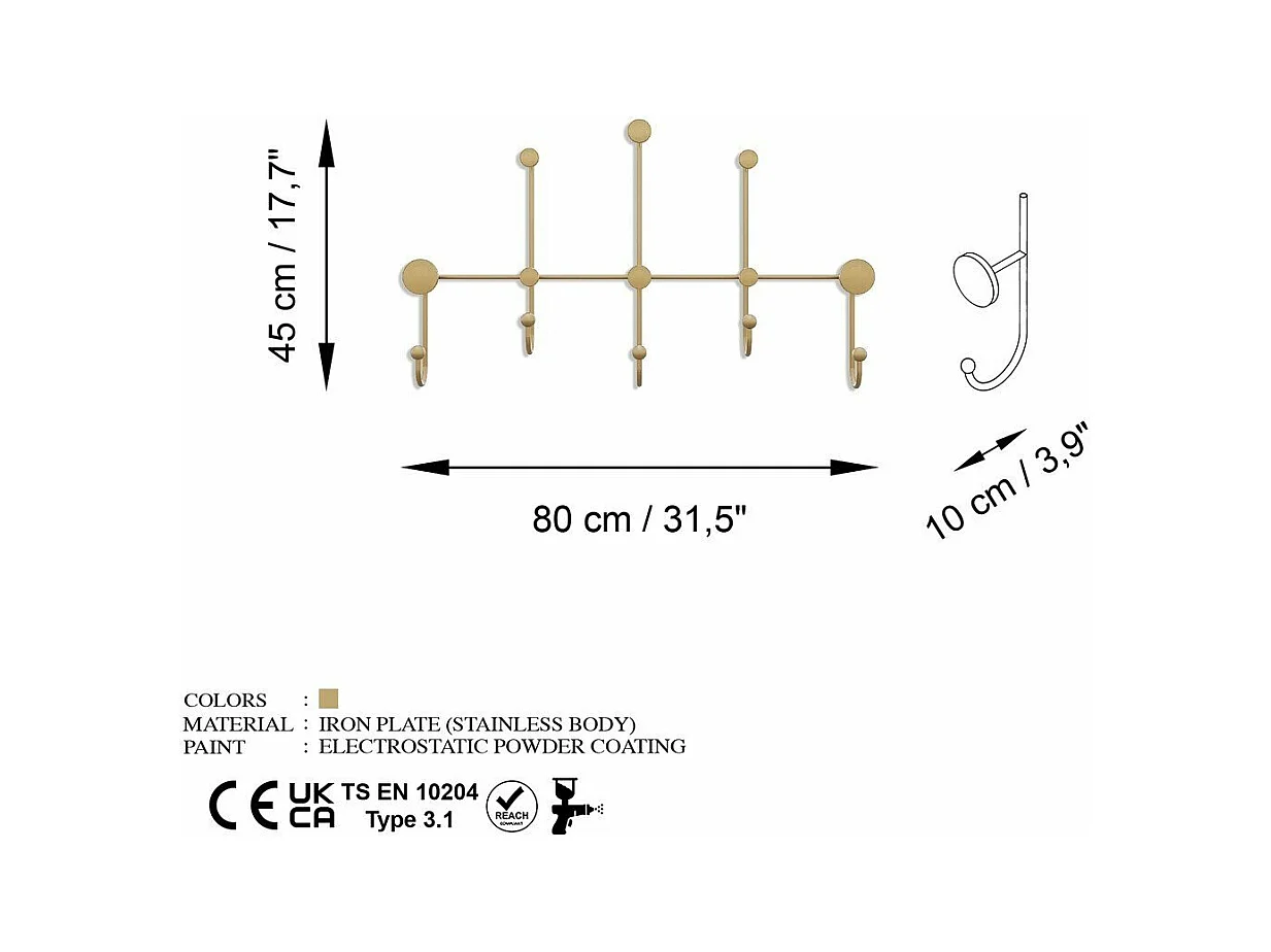 Porte manteaux mural 8 patères en métal doré H45cm - IYON