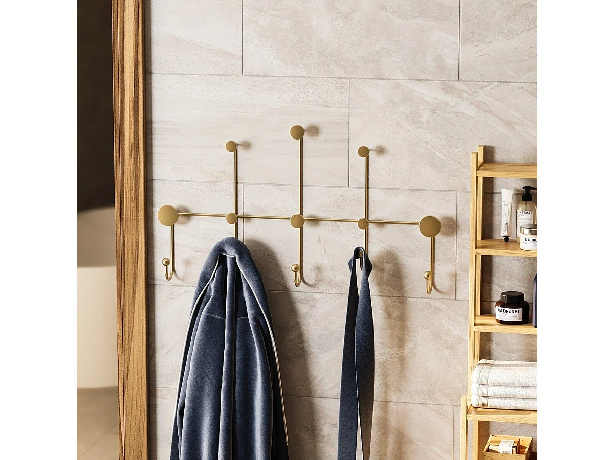 Porte manteaux mural 8 patères en métal doré H45cm - IYON