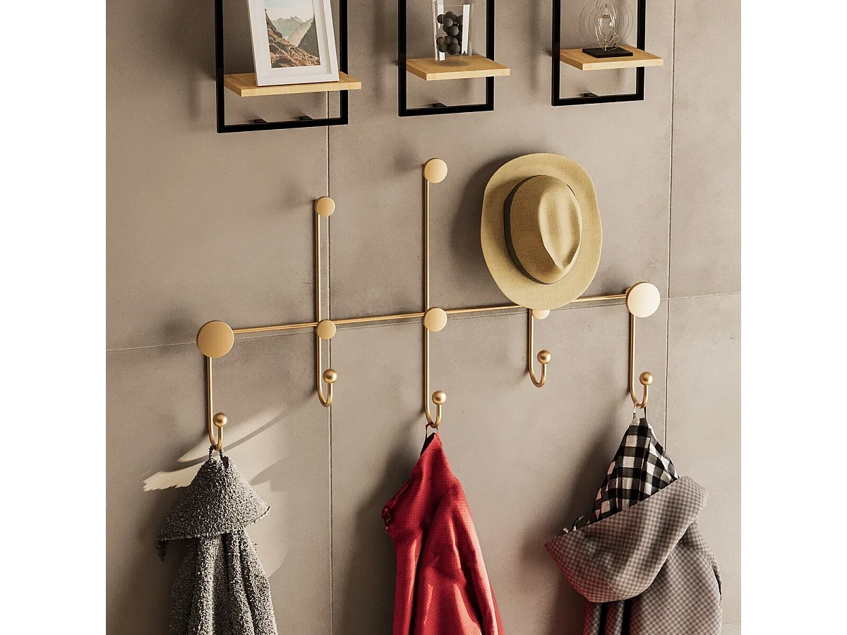 Cabideiro de parede com 8 ganchos em metal dourado H45cm - IYON