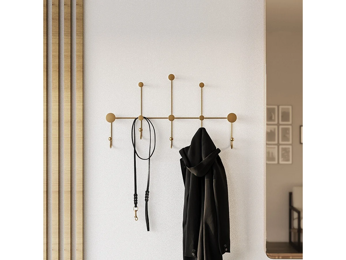 Cabideiro de parede com 8 ganchos em metal dourado H45cm - IYON