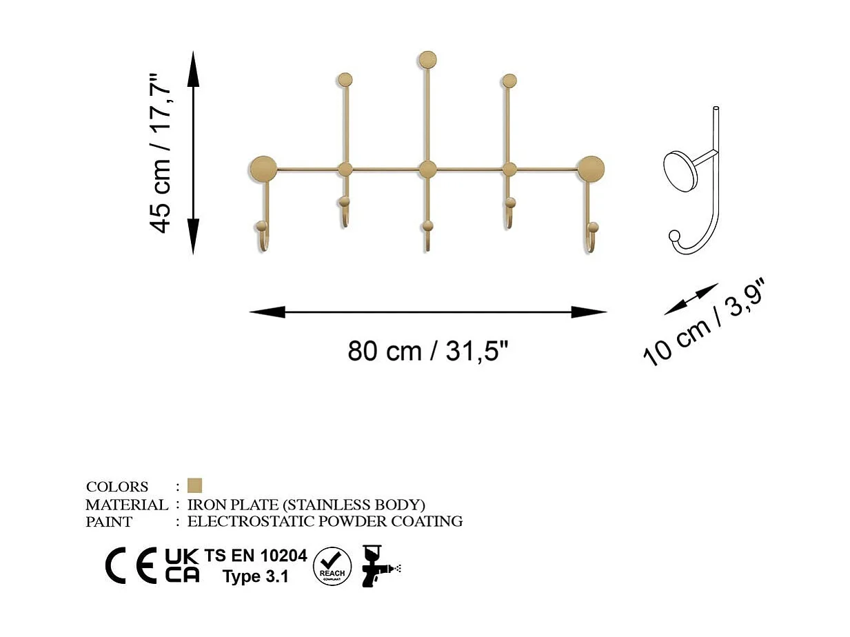 Cabideiro de parede com 8 ganchos em metal dourado H45cm - IYON