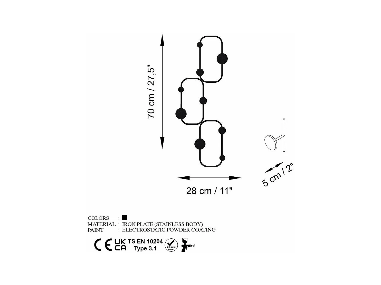 Porte manteaux mural 6 patères arrondies en métal noir H70 cm - LIZZARD