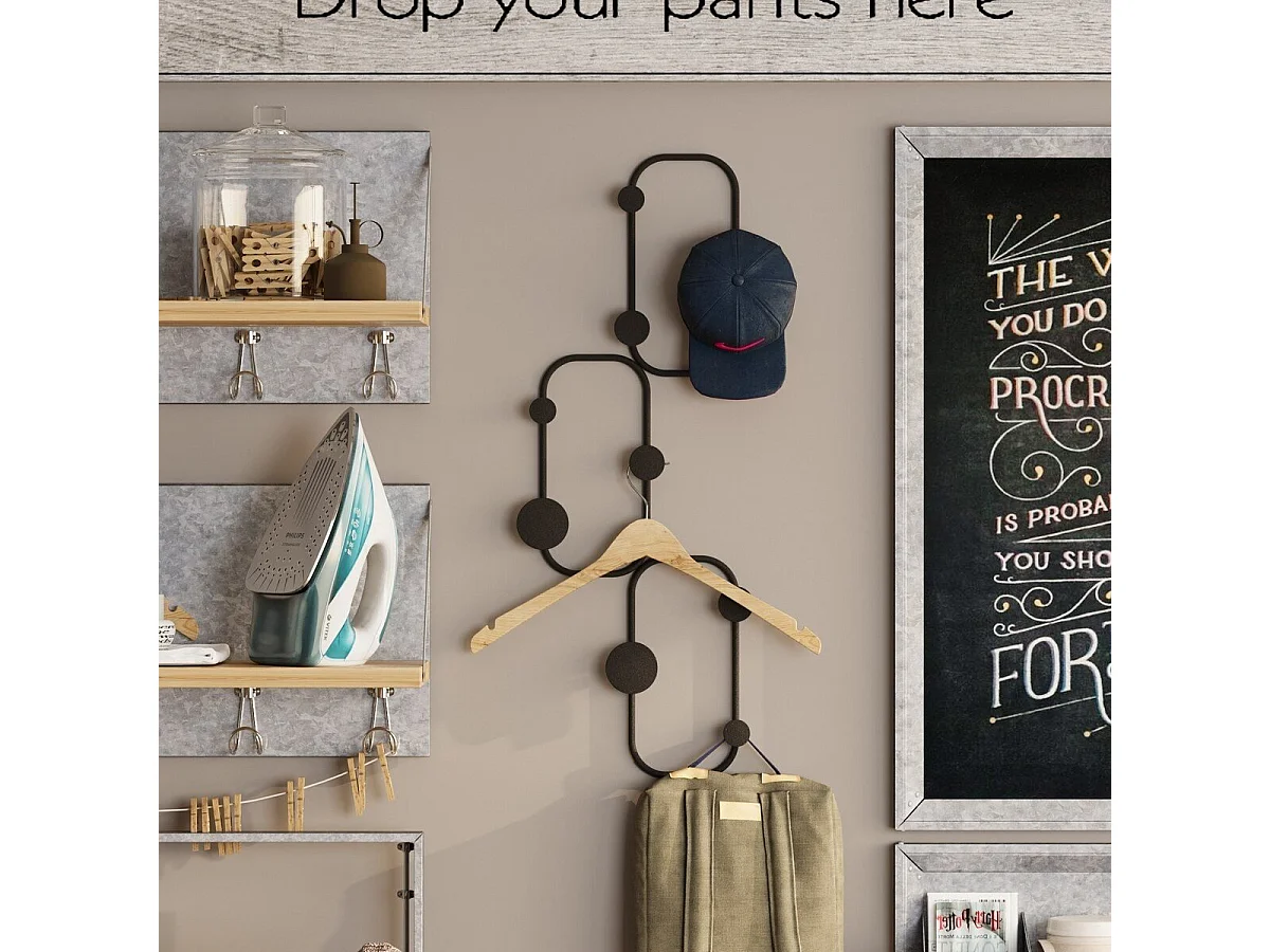 Porte manteaux mural 6 patères arrondies en métal noir H70 cm - LIZZARD