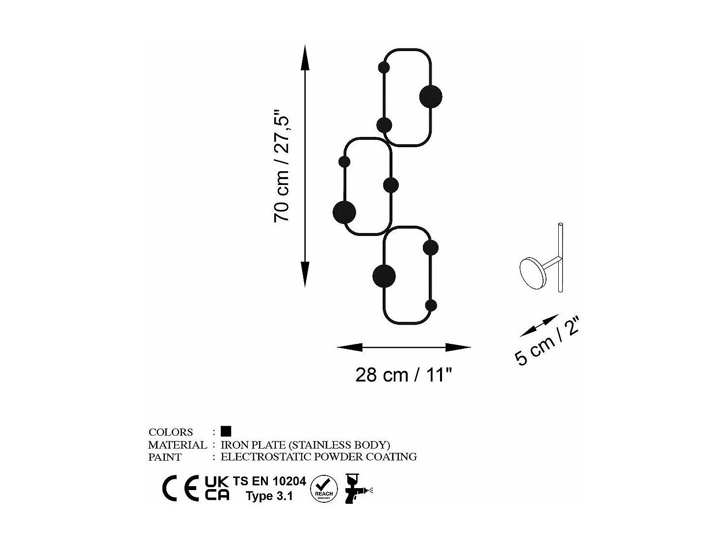Porte manteaux mural 6 patères arrondies en métal noir H70 cm - LIZZARD