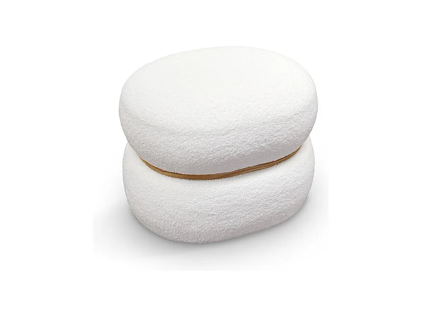 Pouf ovale en tissu blanc effet laine et anneau en bois - BOSTON