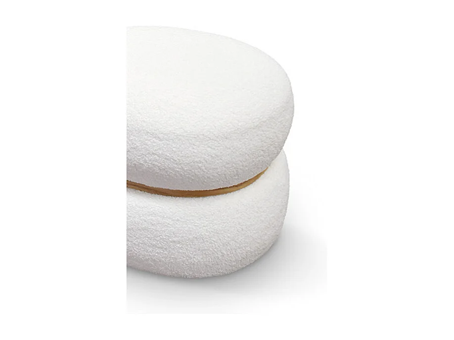 Pouf ovale en tissu blanc effet laine et anneau en bois - BOSTON