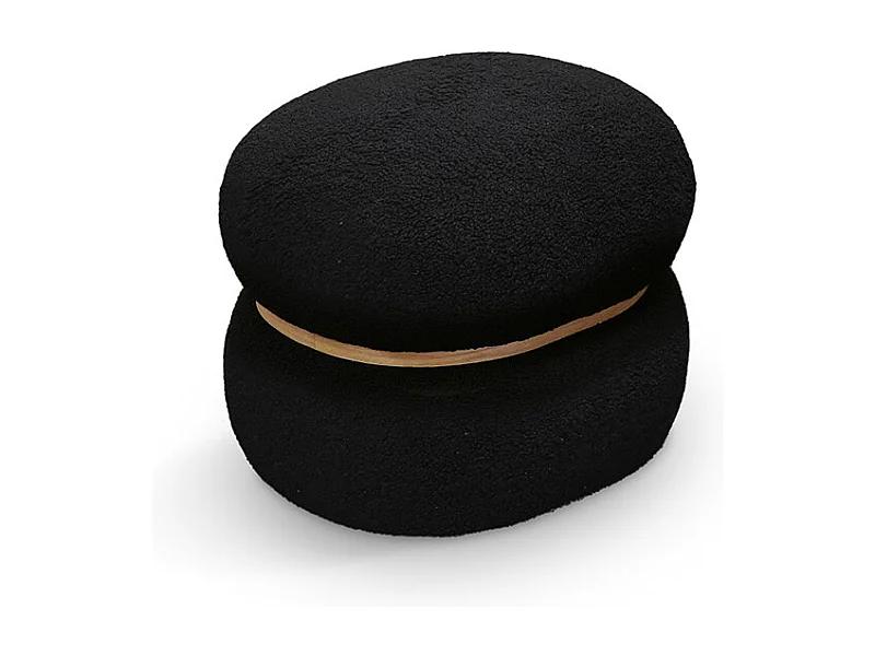 Pouf ovale en tissu noir effet laine et anneau en bois - BOSTON