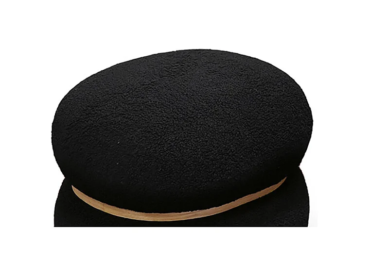 Puff oval em tecido preto com efeito de lã e anel de madeira - BOSTON