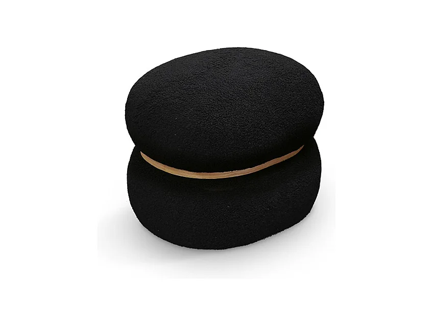Pouf ovale en tissu noir effet laine et anneau en bois - BOSTON