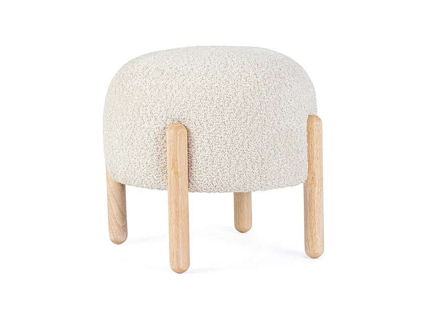 Pouf in tessuto naturale effetto bouclé e gambe in legno rubber wood - DAYLA