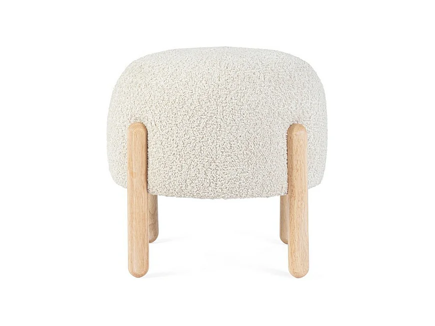 Pouf in tessuto naturale effetto bouclé e gambe in legno rubber wood - DAYLA