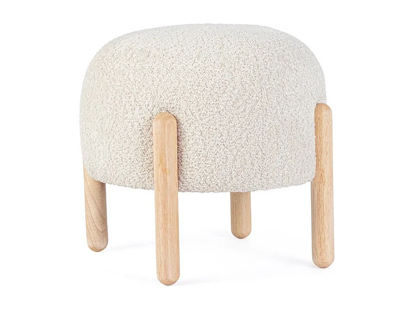 Puf de tela natural efecto bouclé y patas de madera de caucho - DAYLA